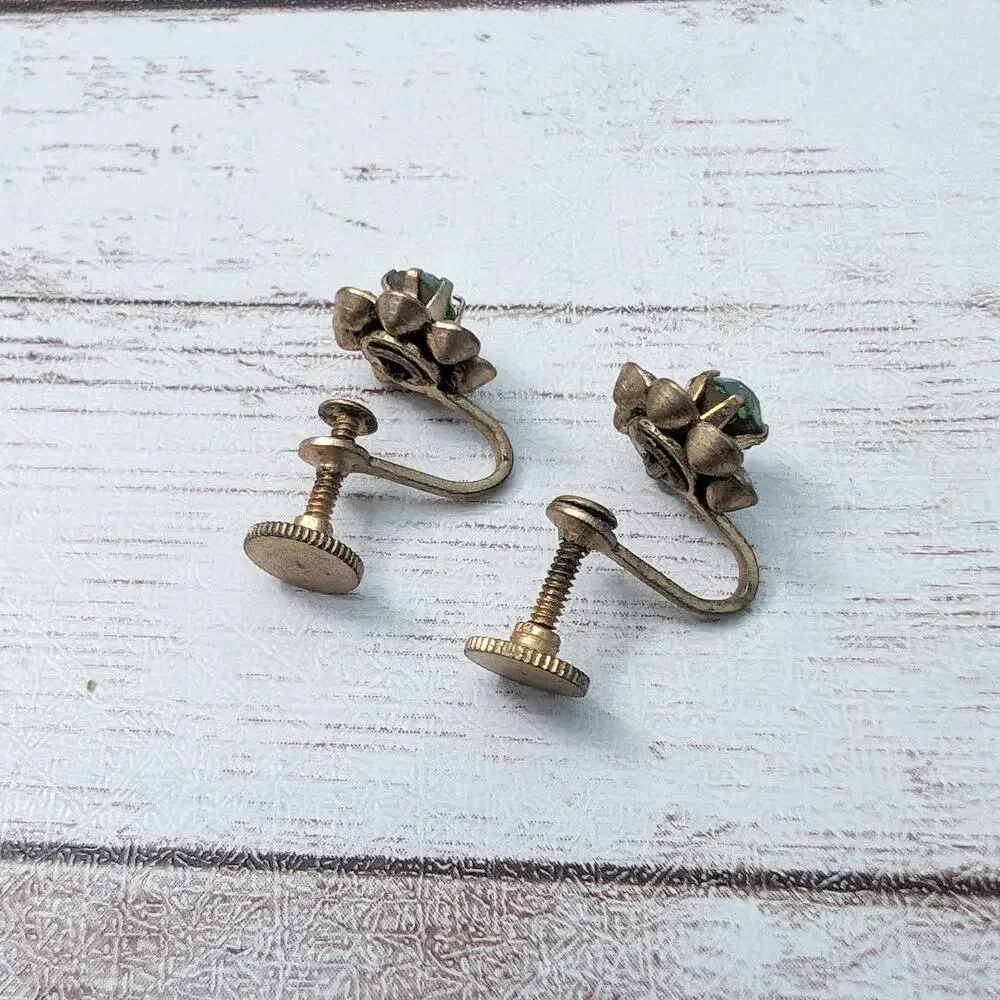 Vintage Screw Back Earrings Dainty Green & Clear Gem